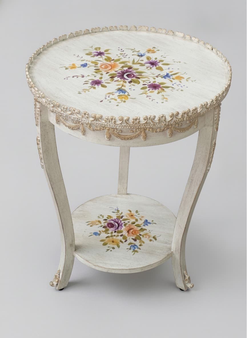 Floral Heritage Coffee Table featuring hand-painted floral bouquet on the lower display shelf