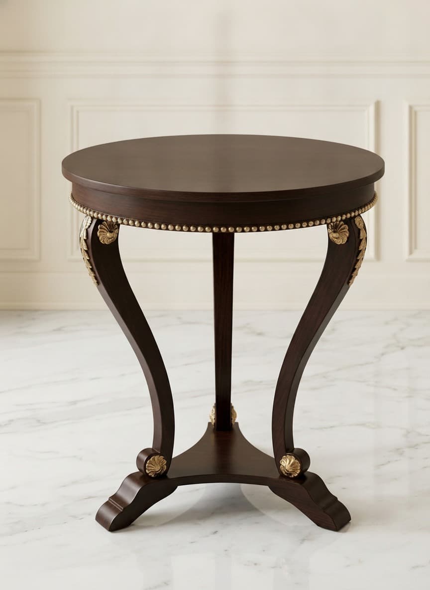 Ebony Whisper End Table featuring curved tripod legs with gold beaded trim on the rim