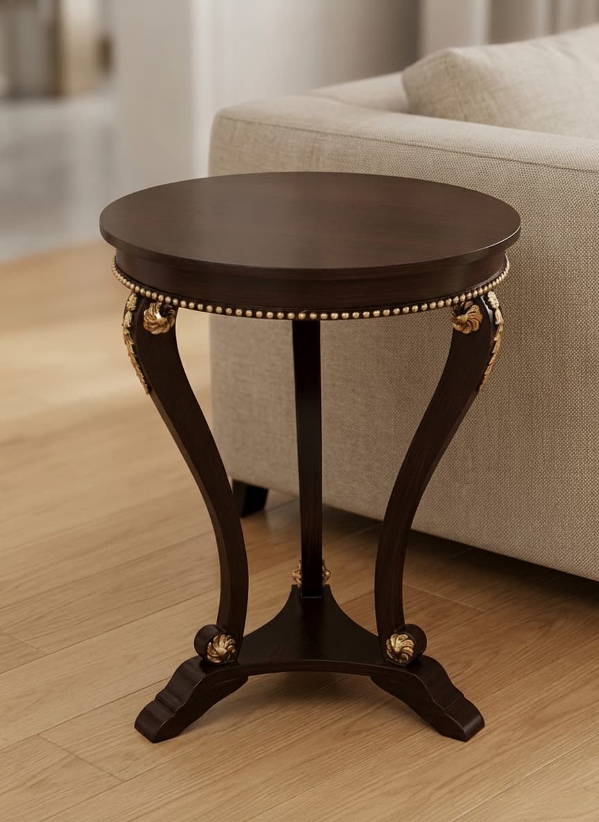 Ebony Whisper End Table featuring curved tripod legs with gold beaded trim on the rim
