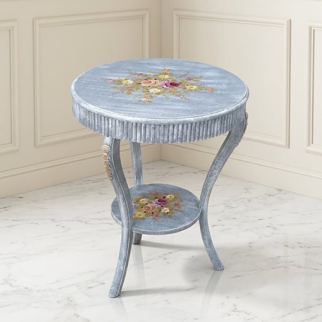 Celeste Grey End Table featuring hand-painted rose bouquet on the lower display shelf