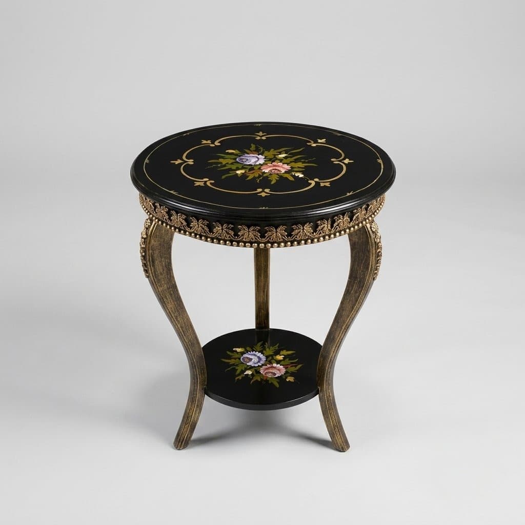 Versailles French End Table with deep black top and hand-painted floral gold filigree design