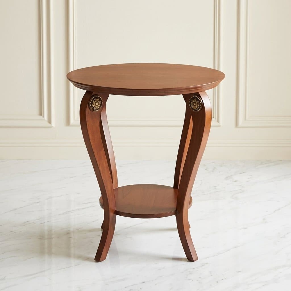Royal Medallion End Table featuring curved cabriole legs and double-tier round shelf design
