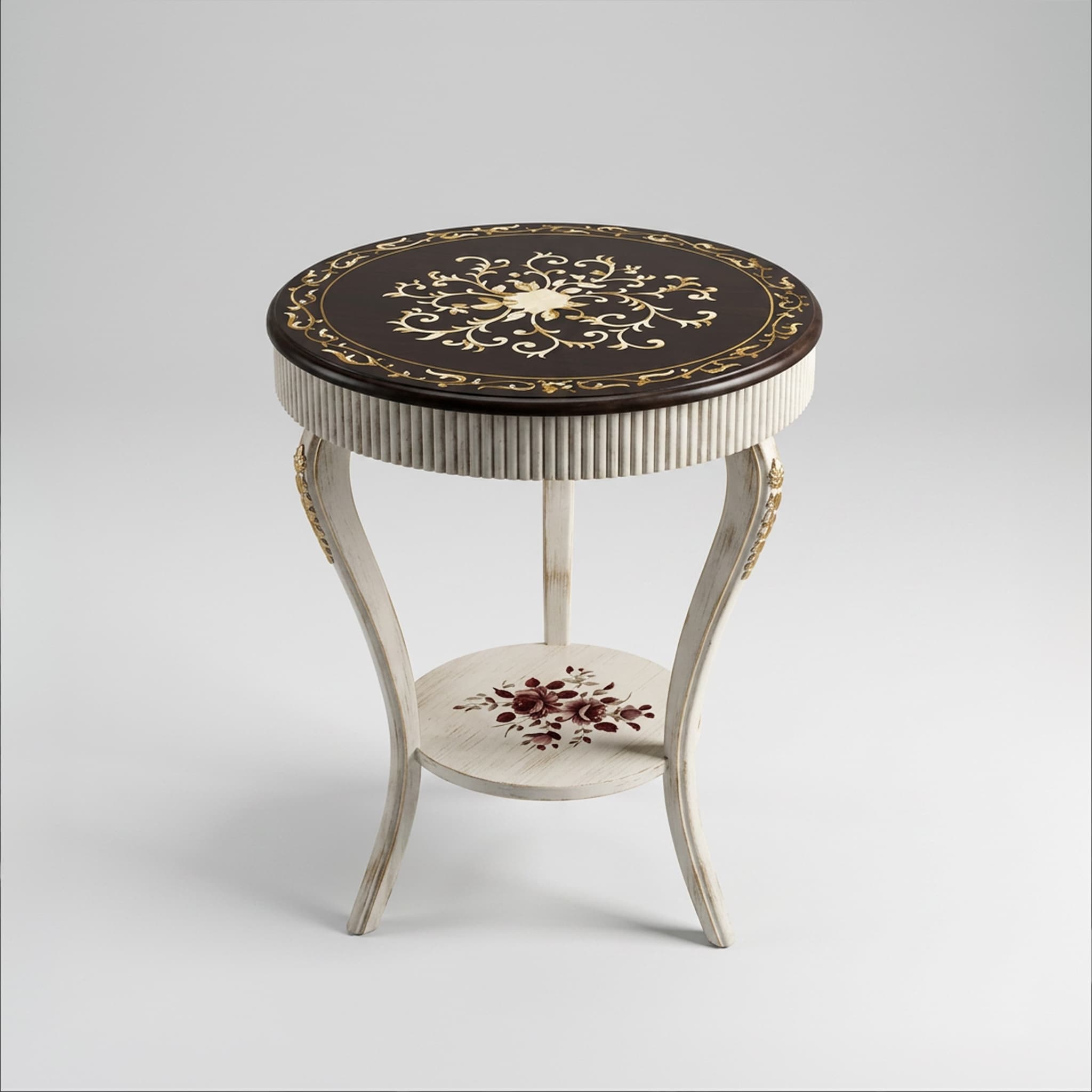 	Chateau Marquetry End Table – two-tier French end table with dark espresso arabesque marquetry top, ivory fluted apron and lower rose shelf, PKR 17999, Pakistan