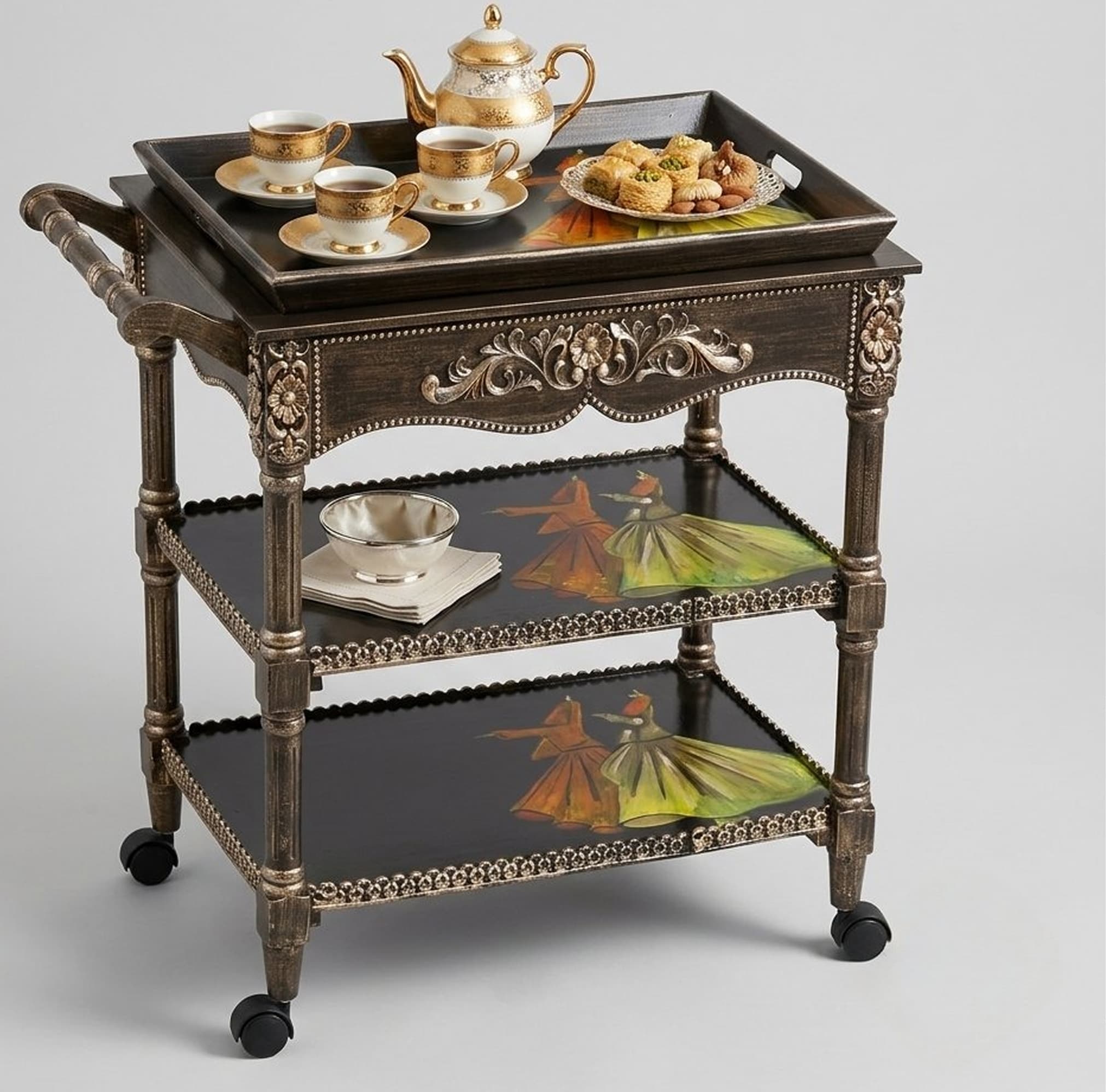Rumi's Grace Serving Cart with hand-painted Sufi dancer motifs and removable tray