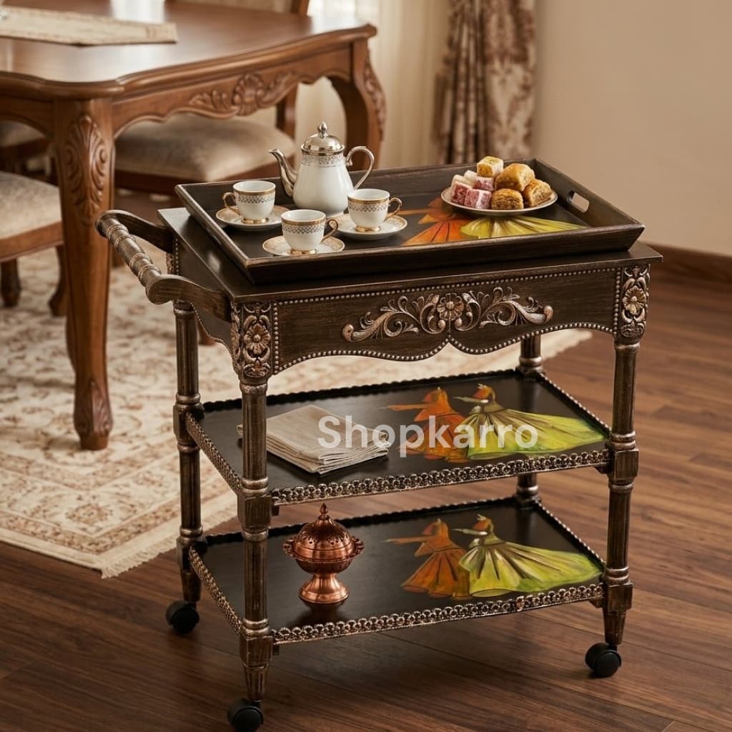 Rumi's Grace Serving Cart featuring three-tier shelving with carved gold accents