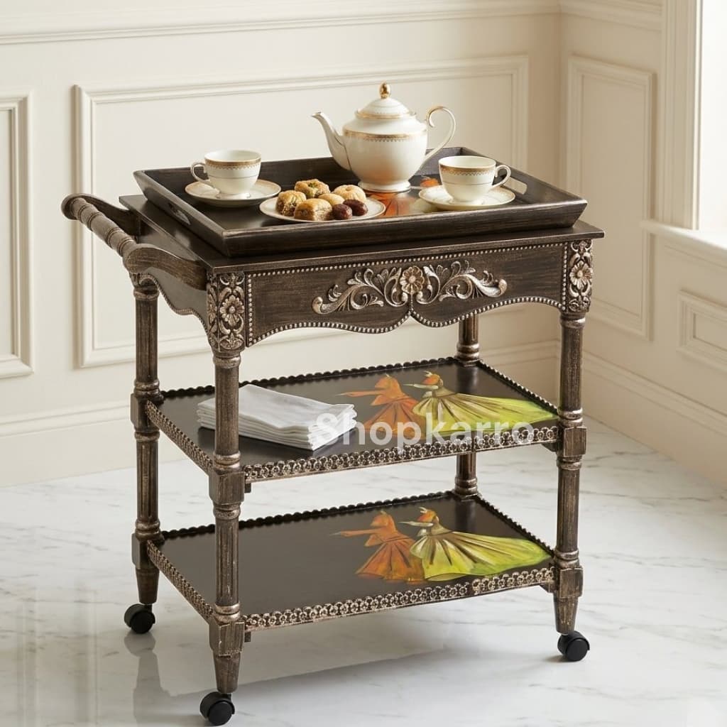 Rumi's Grace Serving Cart featuring three-tier shelving with carved gold accents
