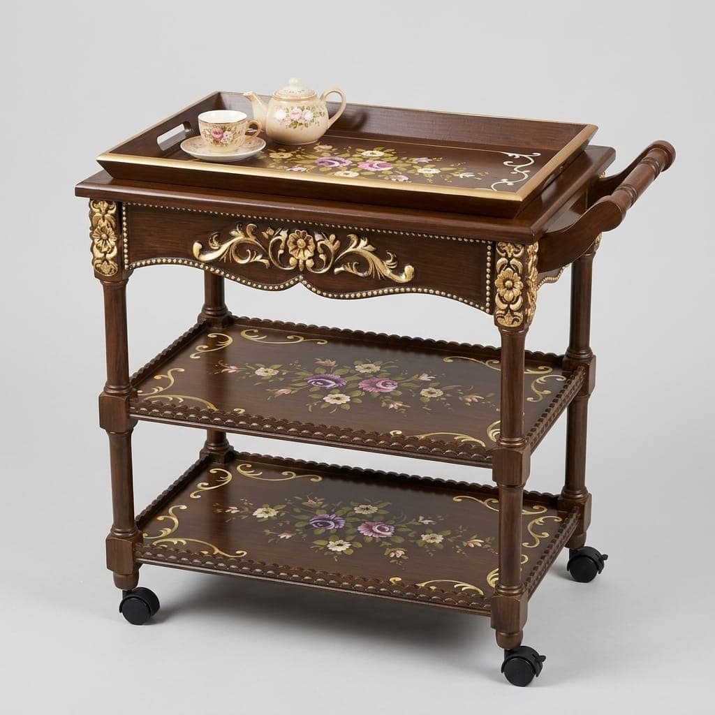 Victorian Elegance Serving Cart featuring three-tier shelving with gold carved apron
