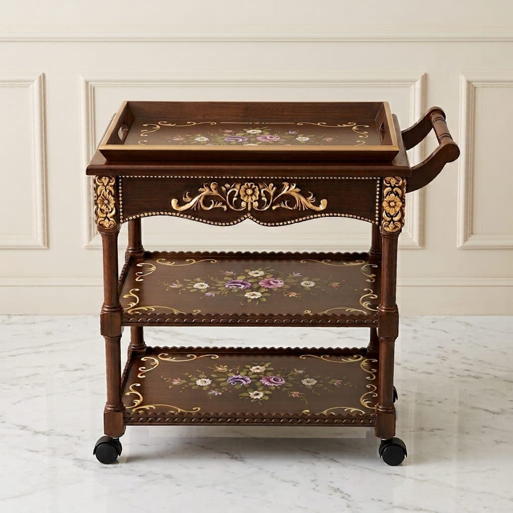 Victorian Elegance Serving Cart featuring three-tier shelving with gold carved apron