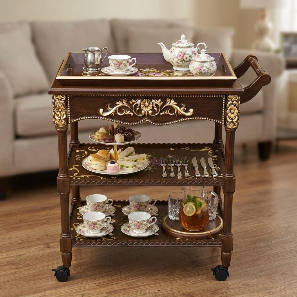 Close-up view of Victorian Elegance Serving Cart's hand-painted rose bouquet detailing