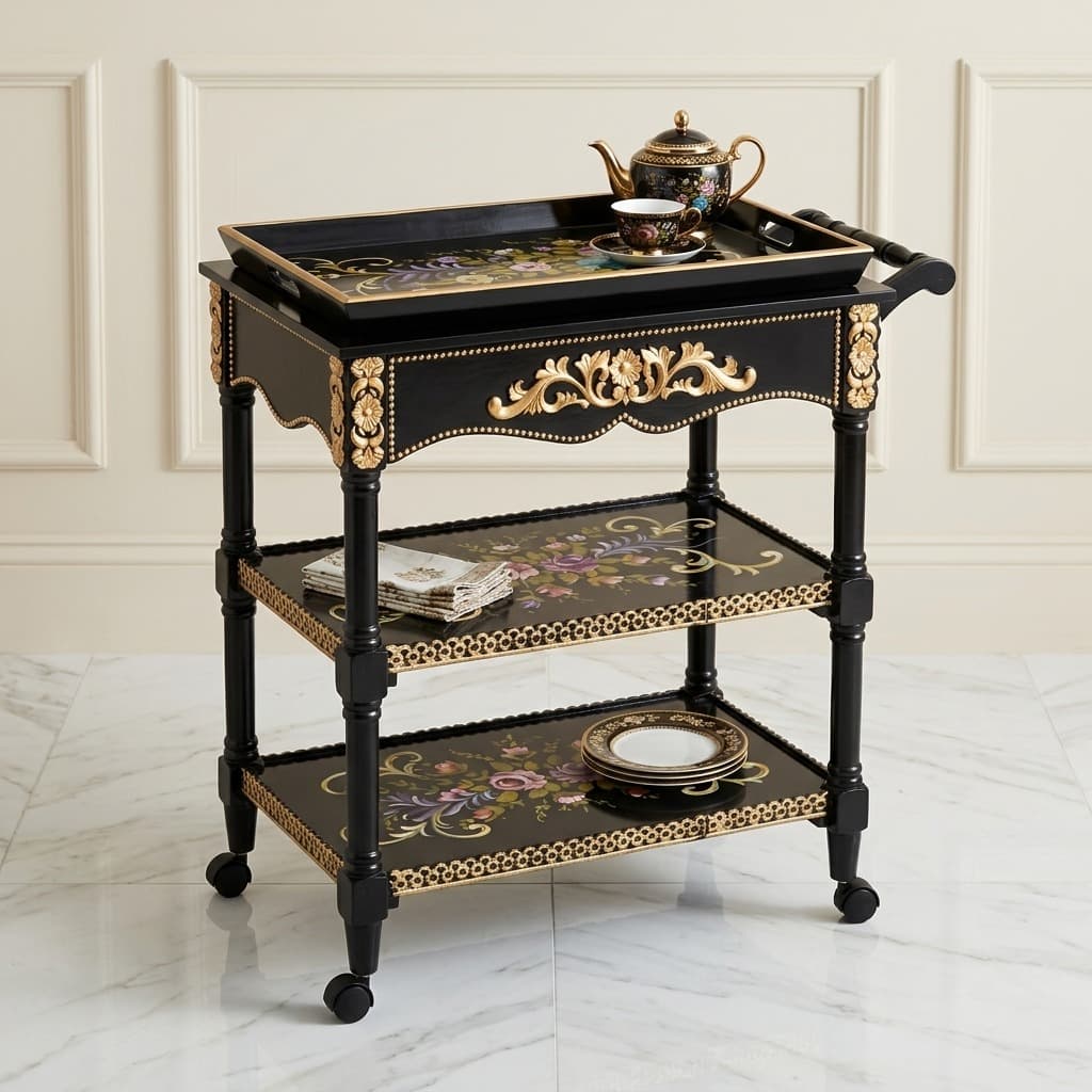 Midnight Blossom Tea Trolley featuring three-tier shelving with gold carved apron