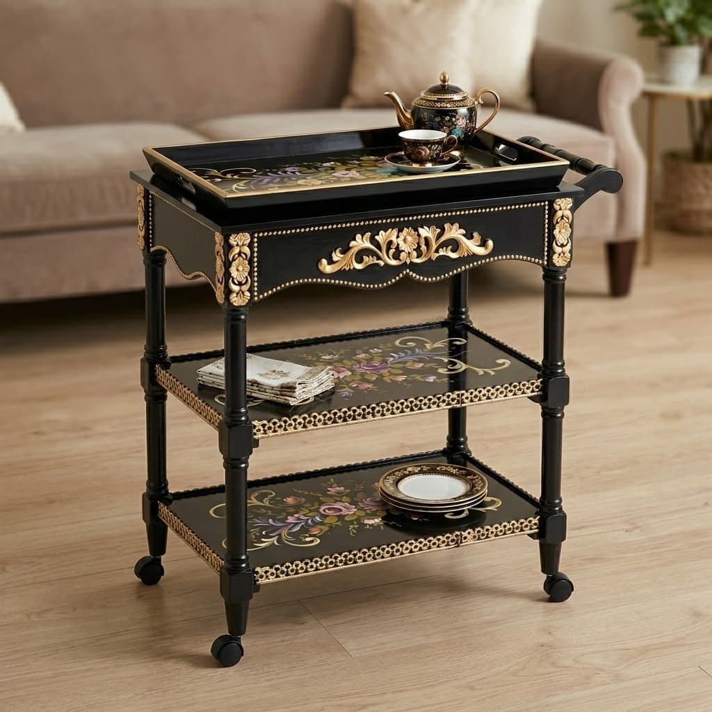 Close-up view of Midnight Blossom Tea Trolley's hand-painted rose bouquet detailing