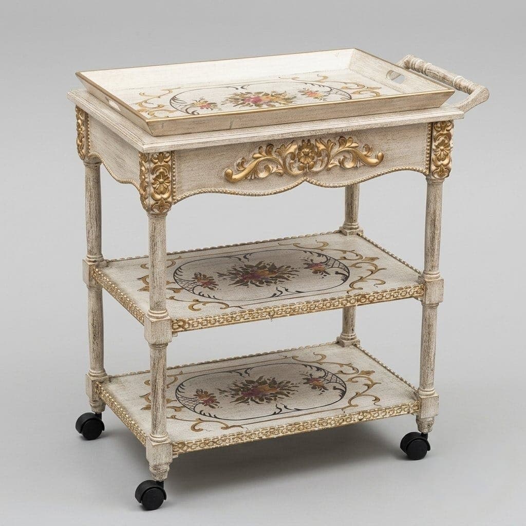 Imperial Floral Serving Cart with removable tray and hand-painted florals