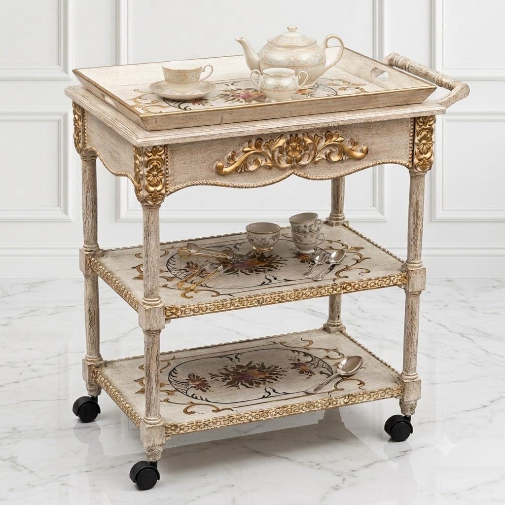 Imperial Floral Serving Cart with removable tray and hand-painted florals