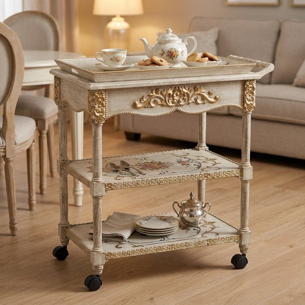 Close-up view of Imperial Floral Serving Cart's hand-painted floral detailing