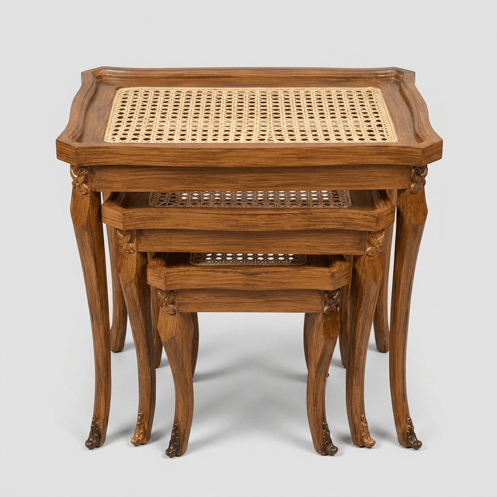 Victorian Cane Wooden Nesting Table set of 3 with natural cane tops