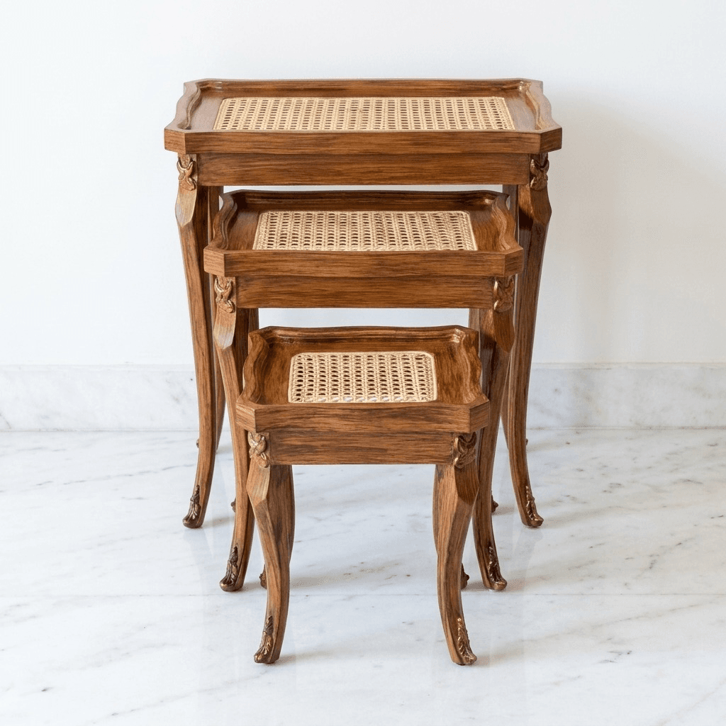 Victorian Cane Nesting Tables nested together showing curved leg design