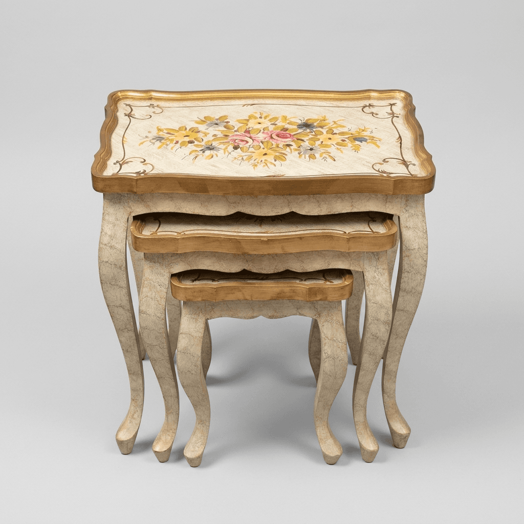 Florentine Floral Nesting Tables with hand-painted florals and gold edges