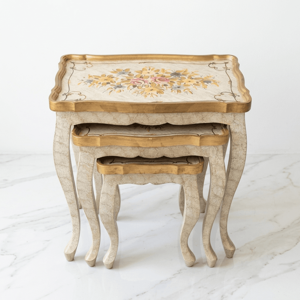 Florentine Floral Nesting Tables nested together showing antique cream legs