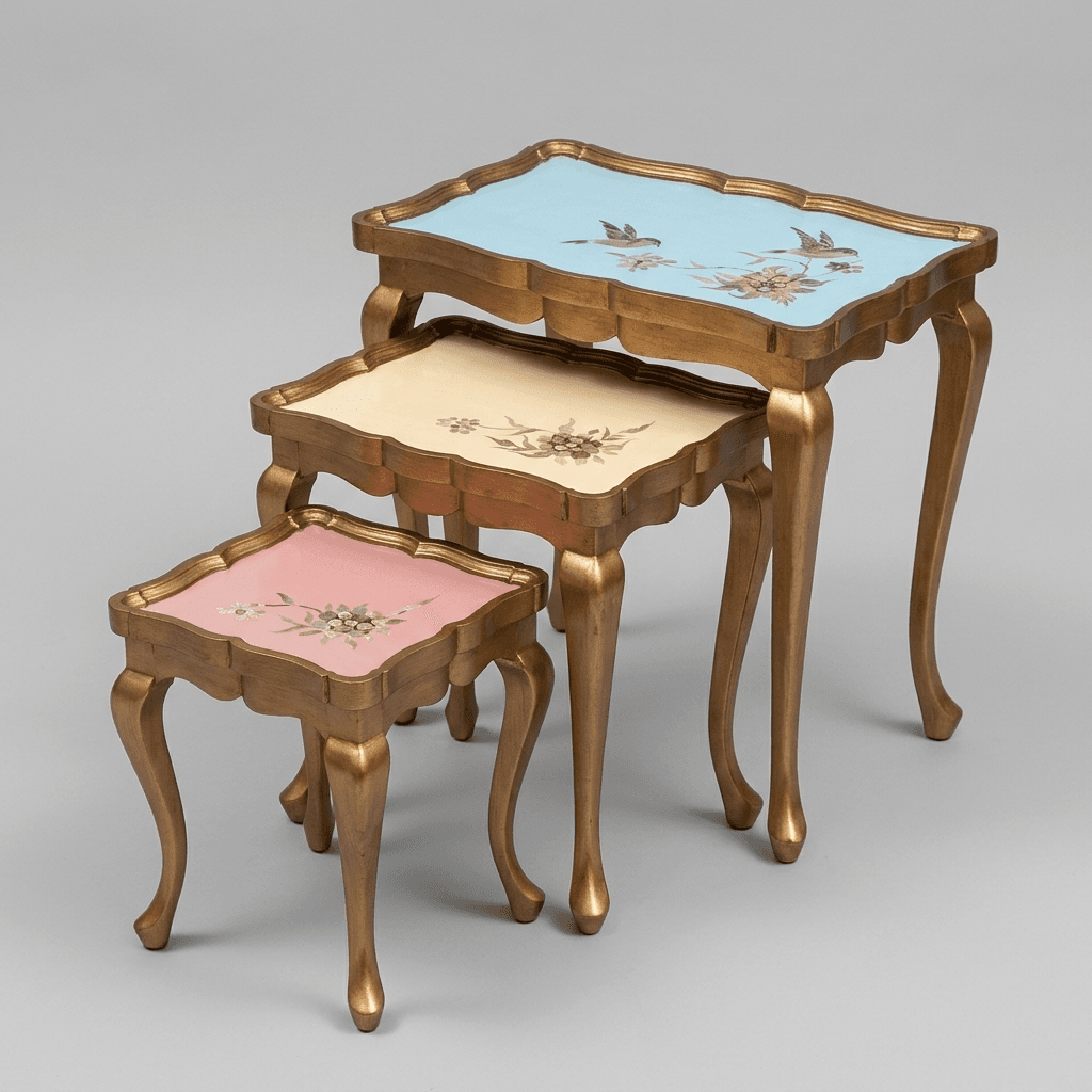 Pastel Royale Nesting Tables with hand-painted bird and floral motifs