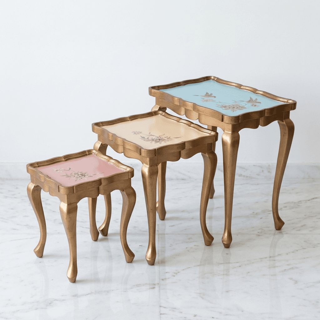 Pastel Royale Nesting Tables nested together showing gold cabriole legs