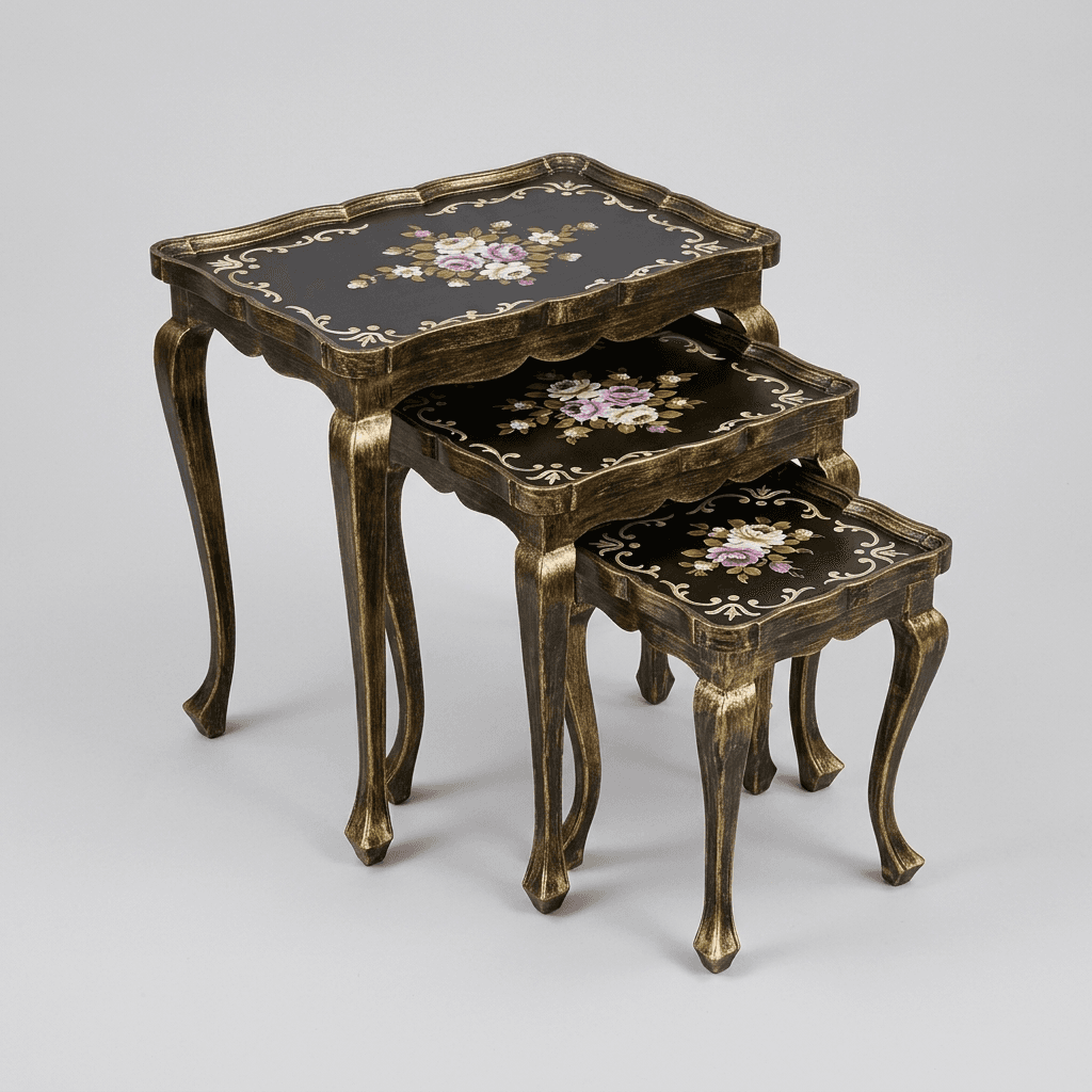 Midnight Bloom Nesting Tables with hand-painted florals on black trays