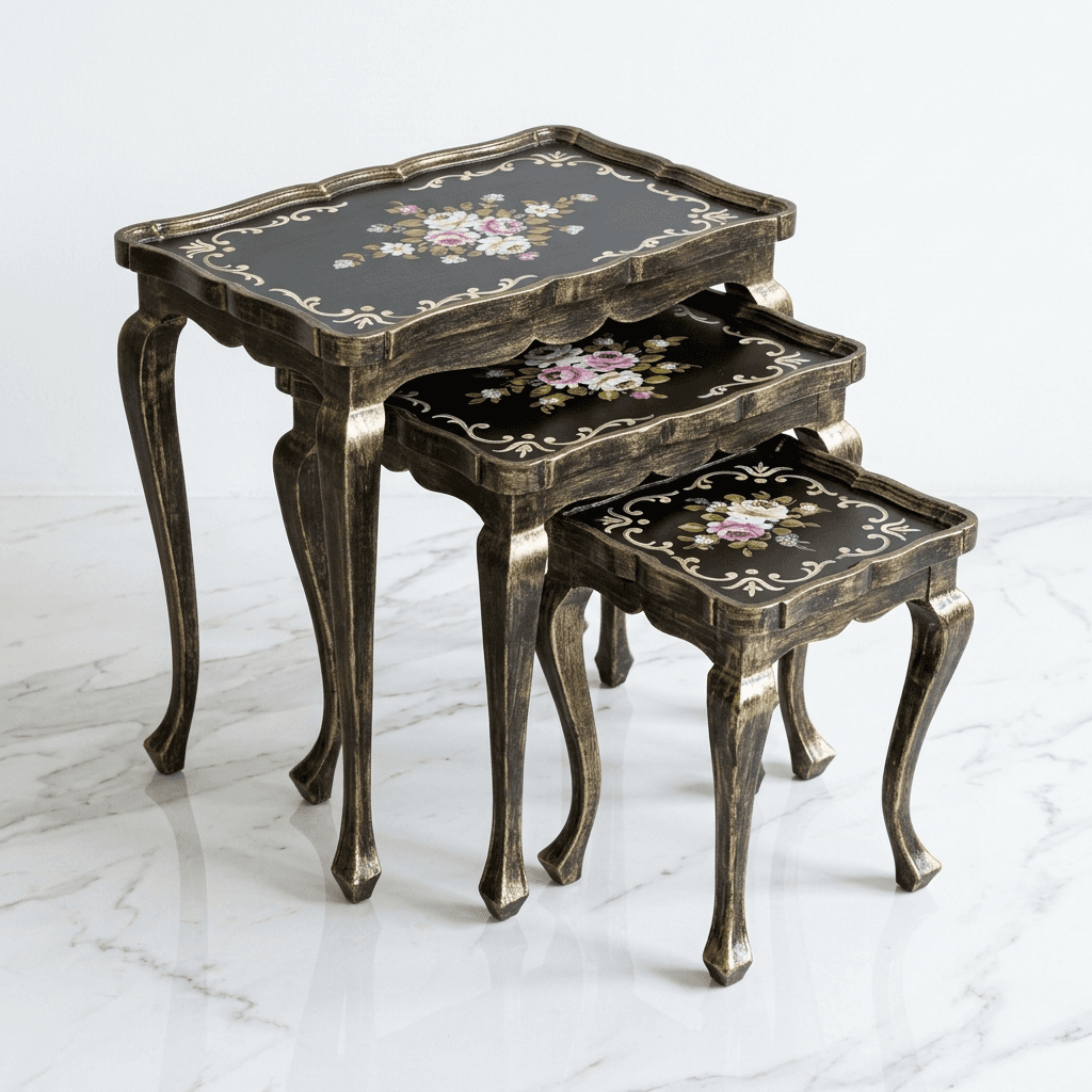Midnight Bloom Nesting Tables nested together showing antique gold legs
