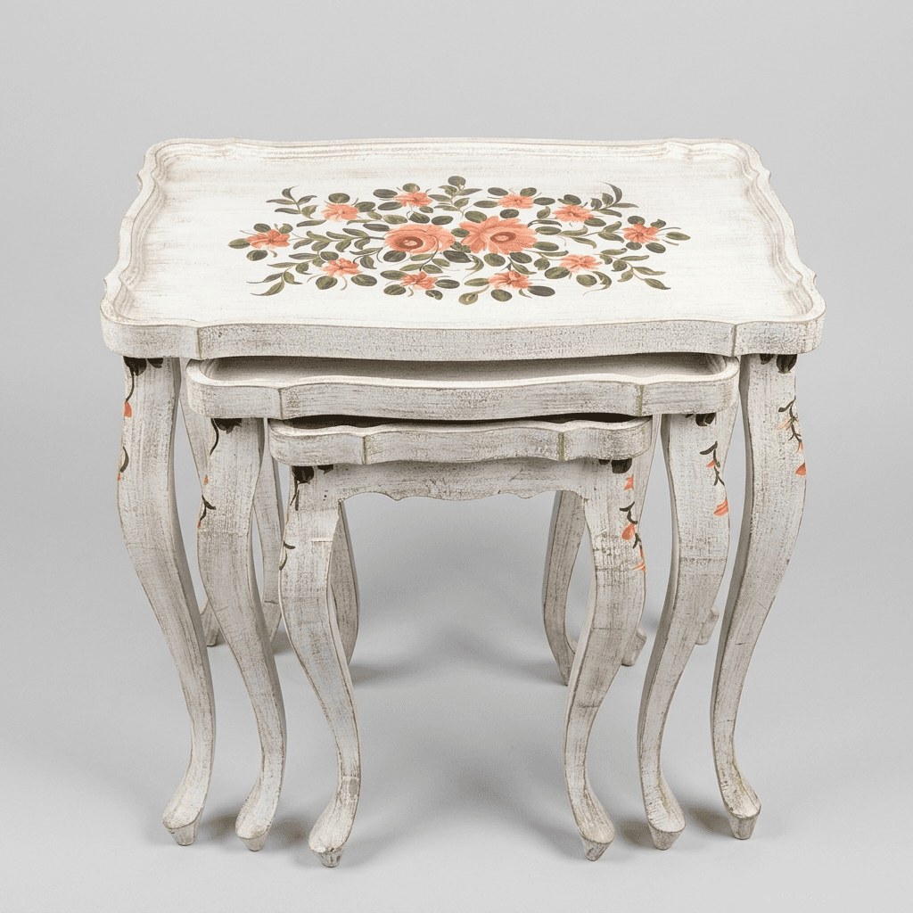 Ivory Bloom Nesting Tables with hand-painted rose motifs on chalk-white finish