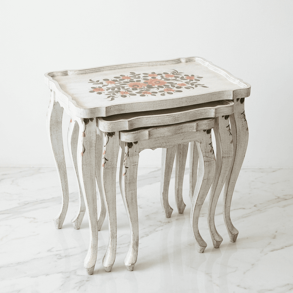 Ivory Bloom Nesting Tables nested together showing distressed whitewash legs