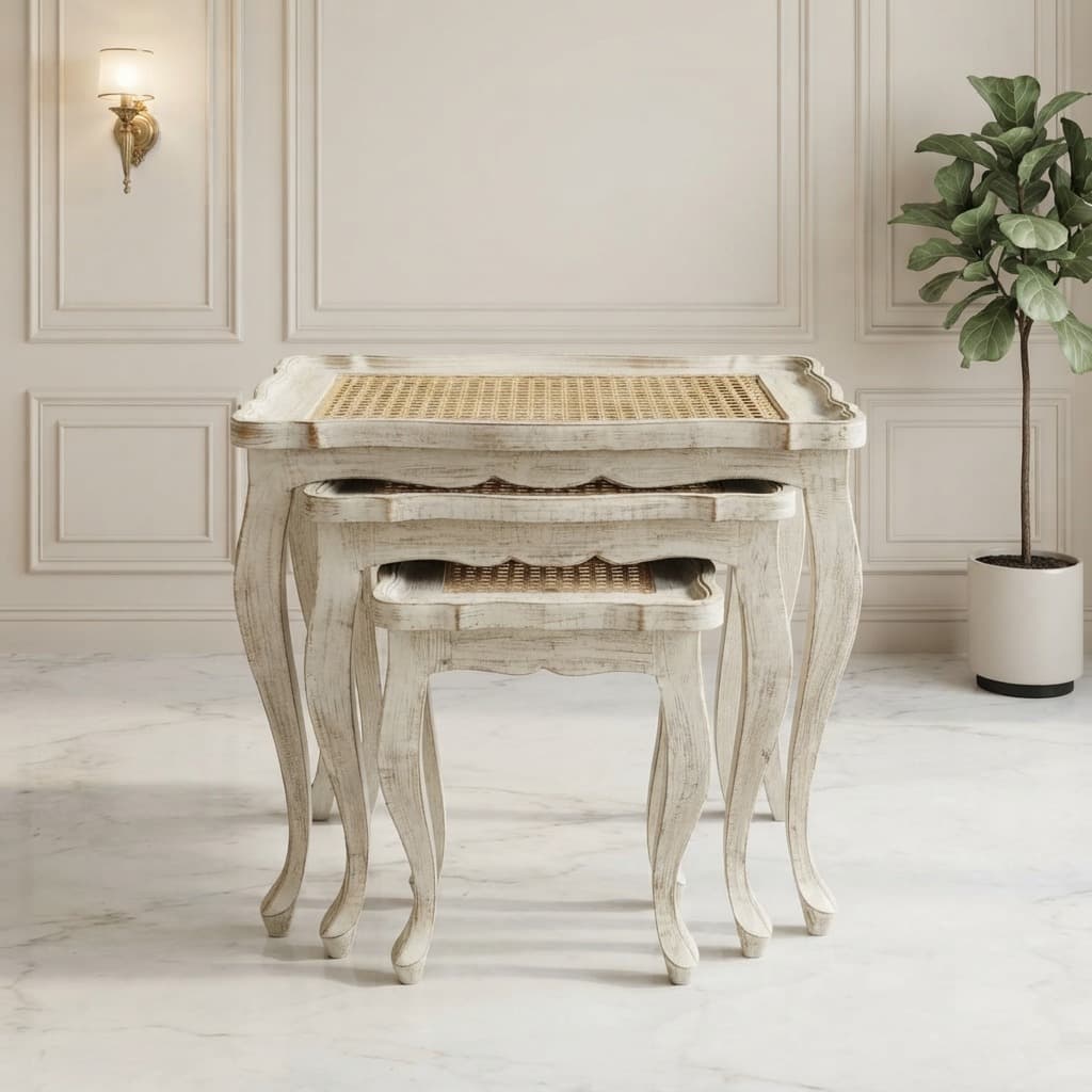 Nordic Cane Nesting Tables nested together, showcasing curved cabriole legs