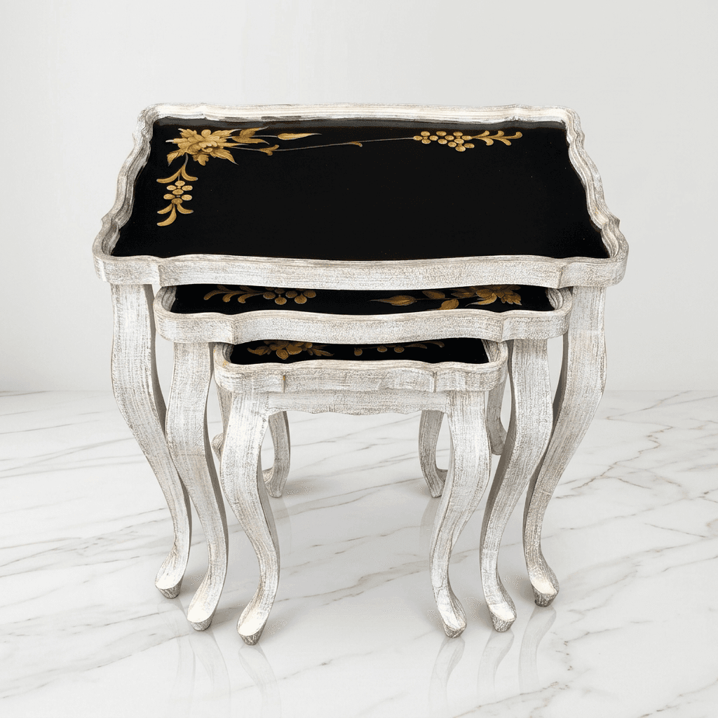 Nordic Vintage Nesting Tables nested together showing whitewashed legs