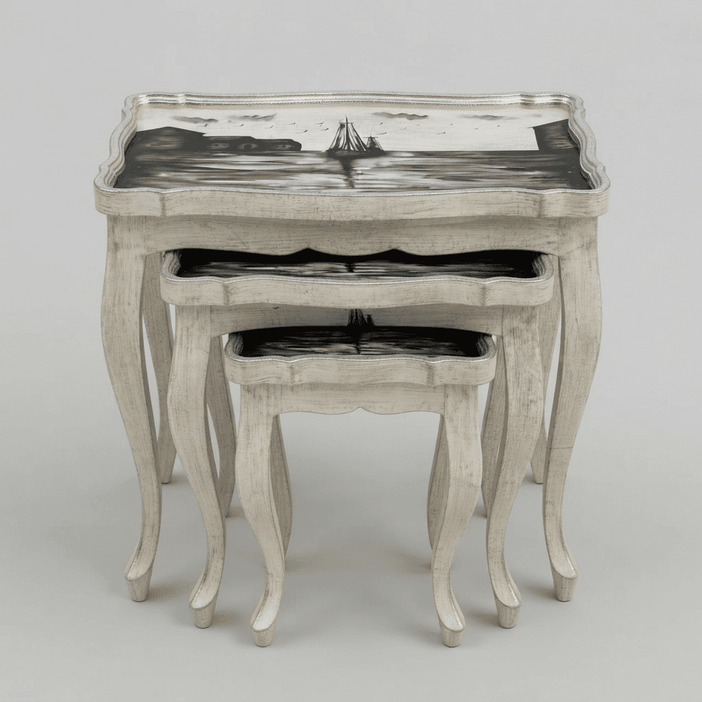Oceanic Vista Nesting Tables with hand-painted seaside landscape scene