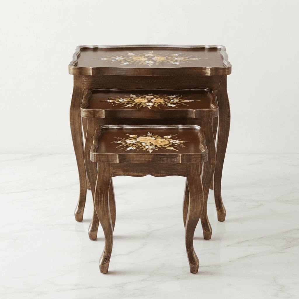 Ebony Blossom Nesting Tables with hand-painted floral bouquet and silver trim