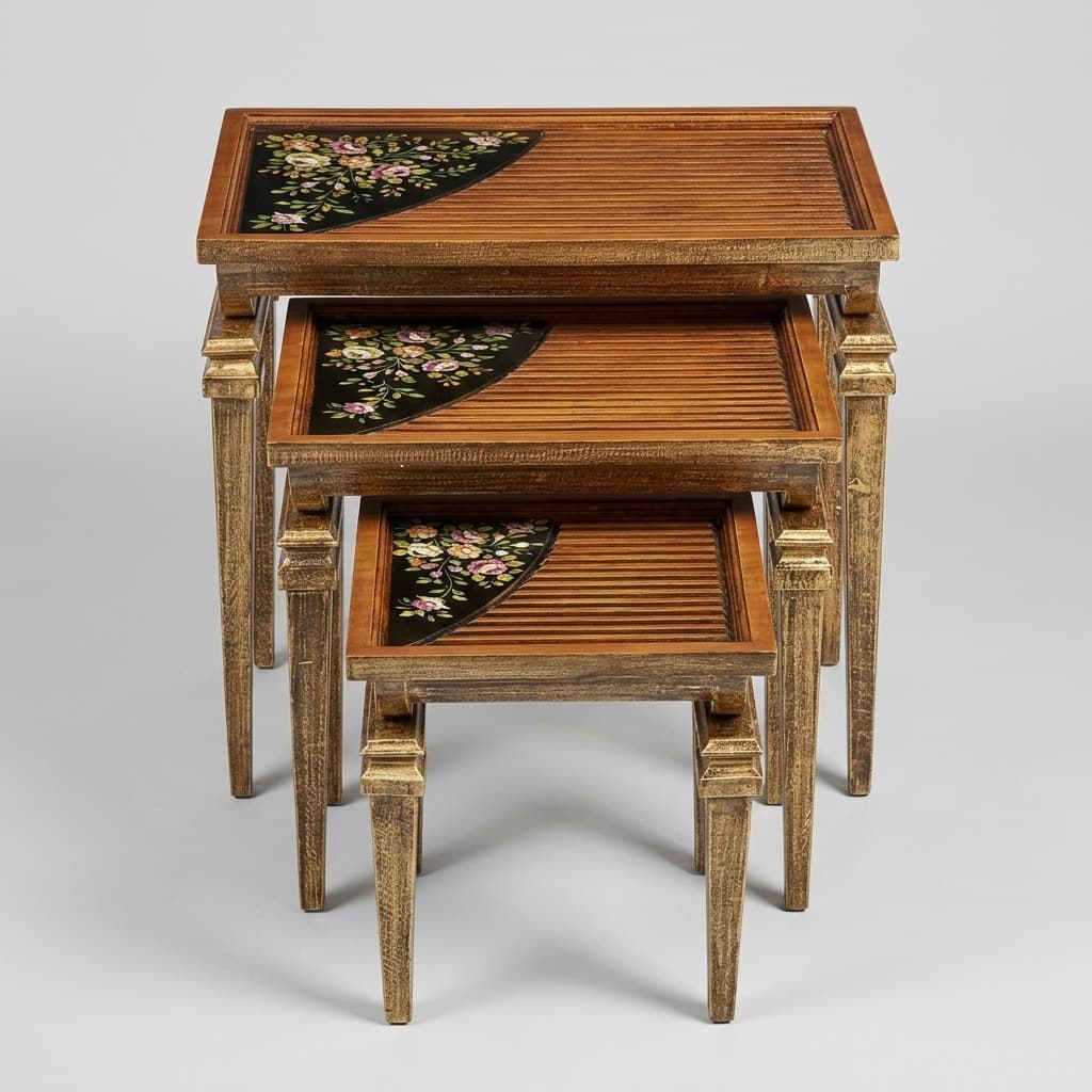 Golden Slatted Floral Nesting Tables with wood-slat surface and floral corner