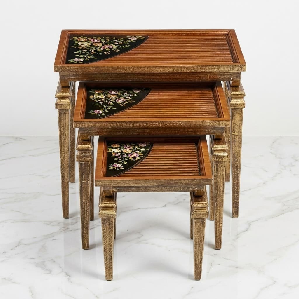 Golden Slatted Floral Nesting Tables nested together showing antique gold legs