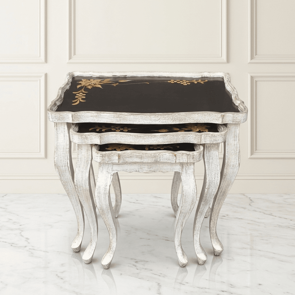 Nordic Vintage Nesting Tables nested together showing whitewashed legs