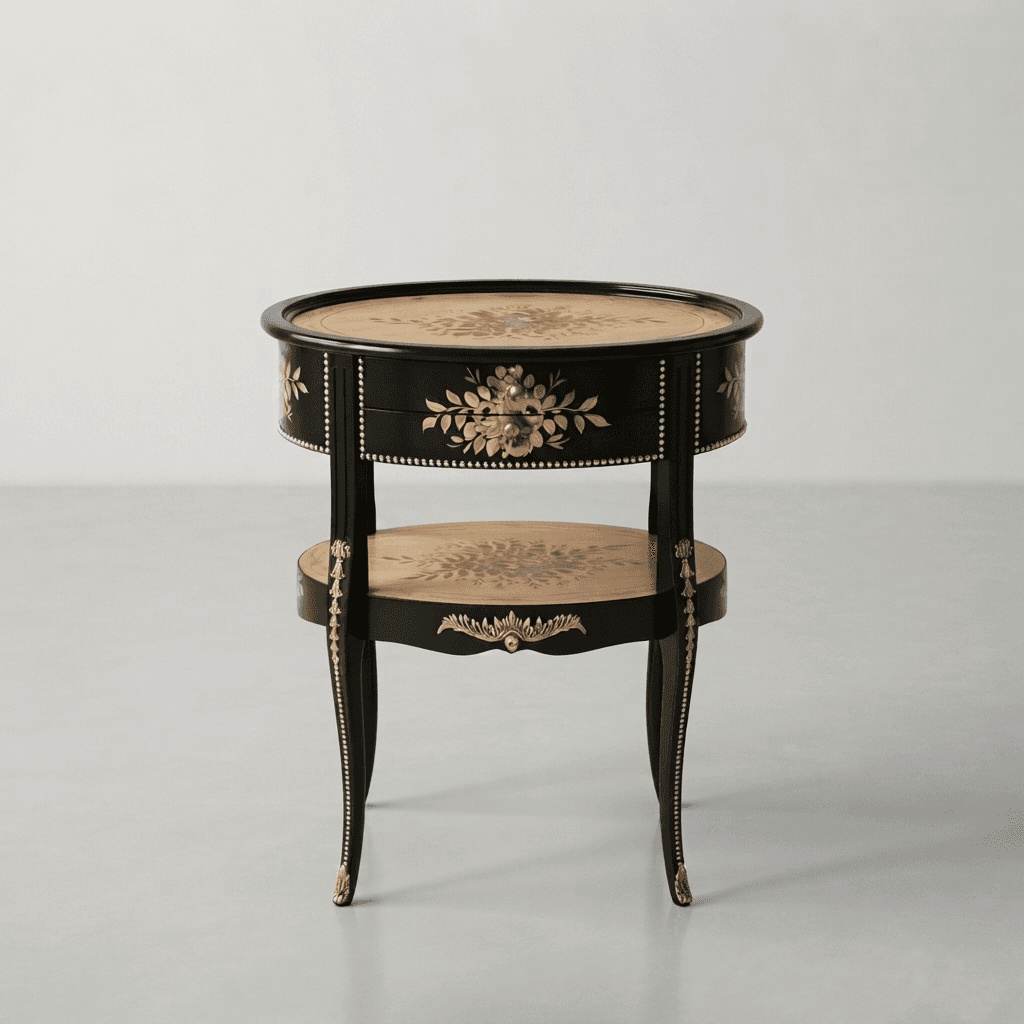 Grand Midnight French End Table with hand-painted floral oval top and black