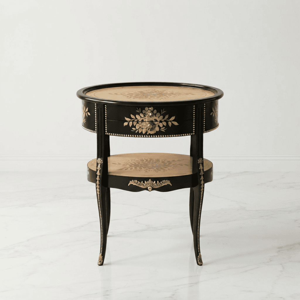 Grand Midnight French End Table showing gold metallic accents and carved cabriole legs
