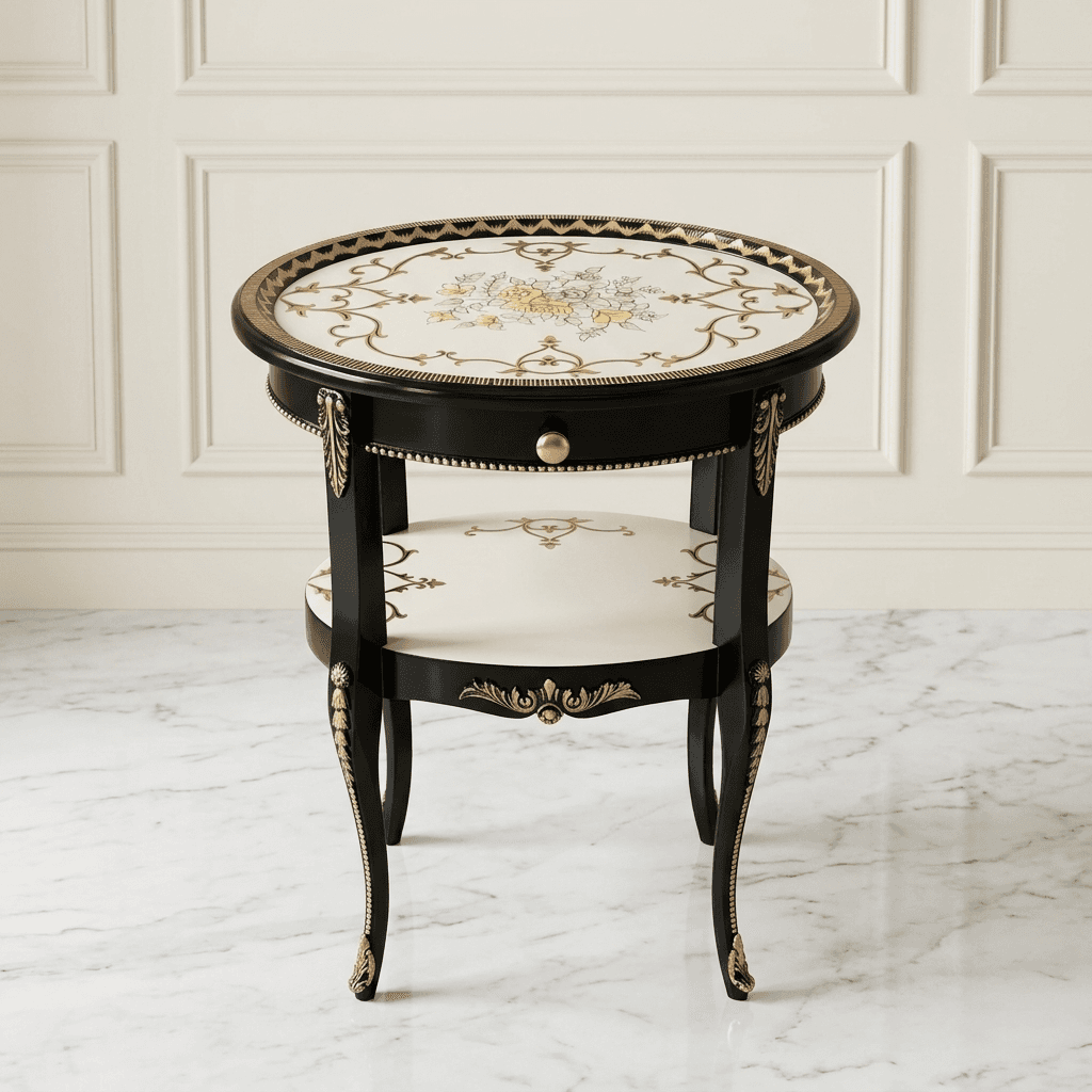 Grand Florentine French End Table showing carved cabriole legs and black-gold frame