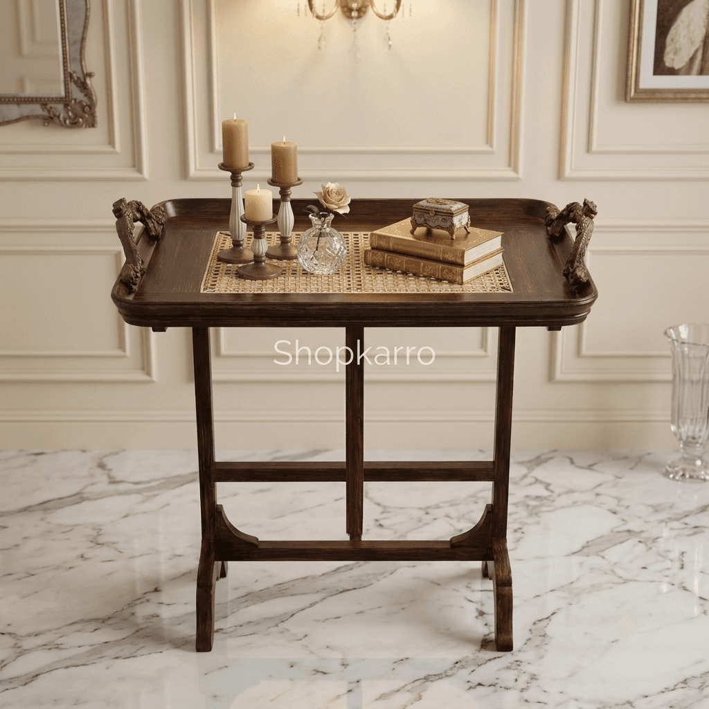 Grand Heritage Folding Tray Table showing carved side handles and folding base