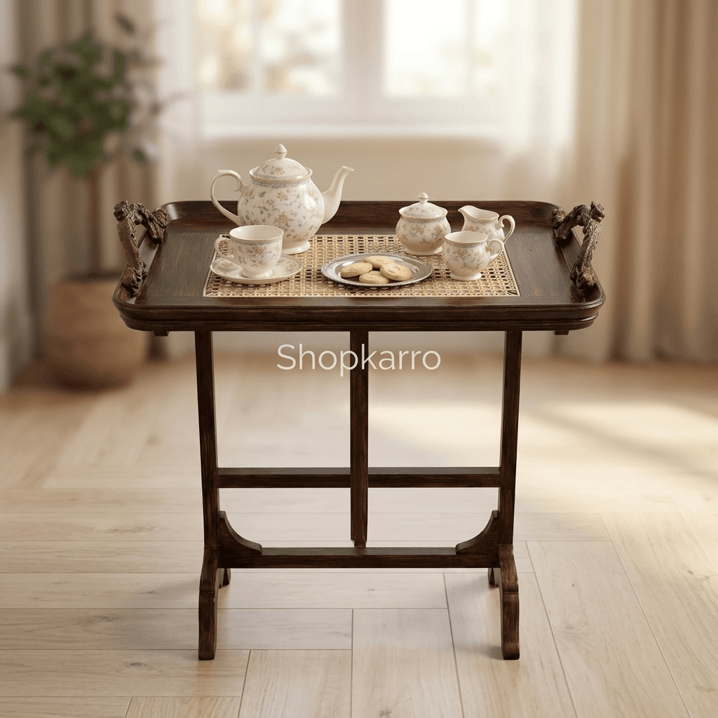 Grand Heritage Folding Tray Table styled with candles and decor on white marble setting