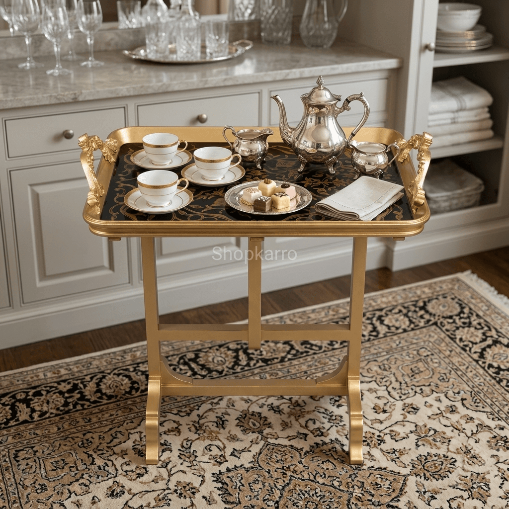 Royal Arabesque Folding Tray Table showing ornate carved handles and gold frame