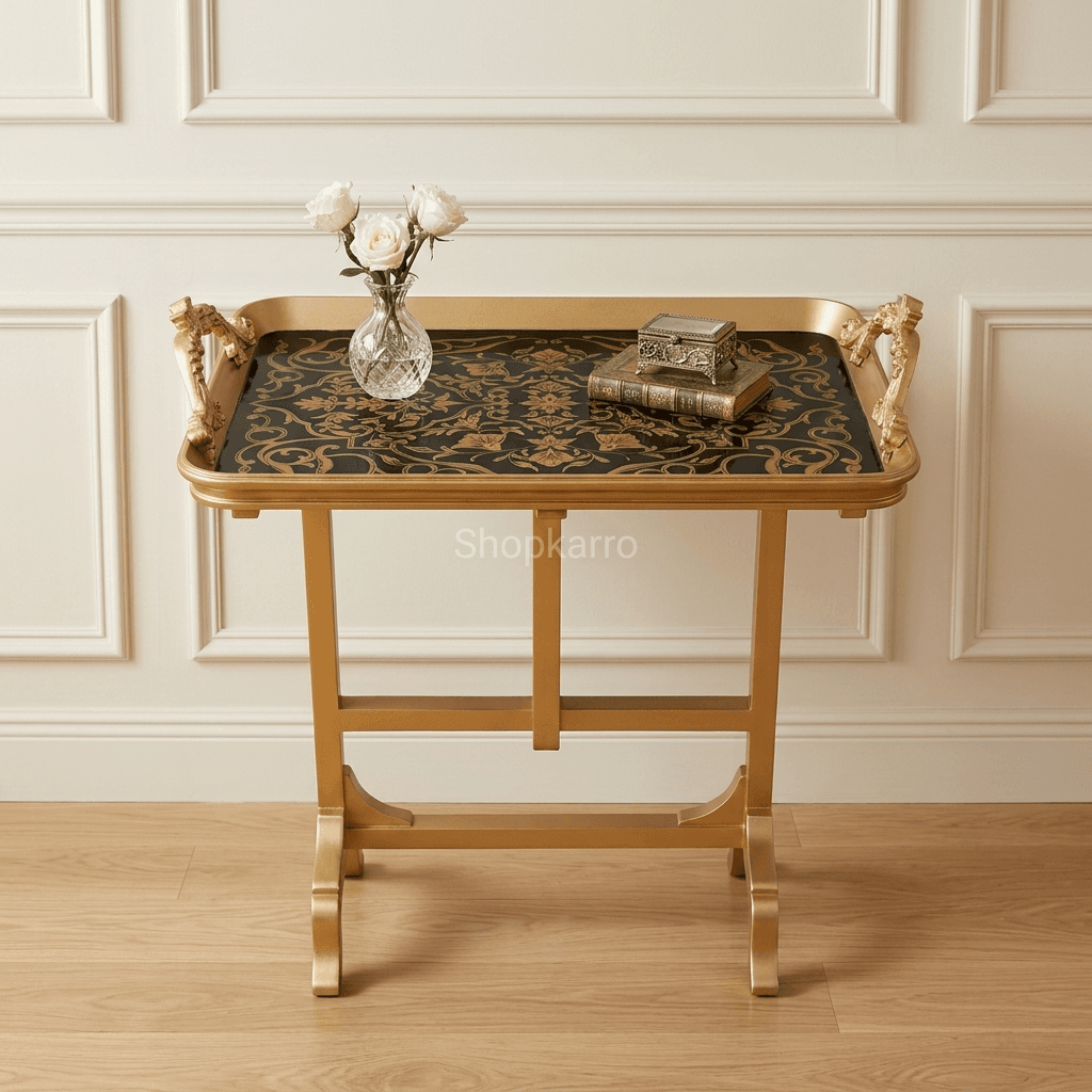 Close-up of Royal Arabesque Folding Tray Table's intricate gold arabesque artwork and cane center