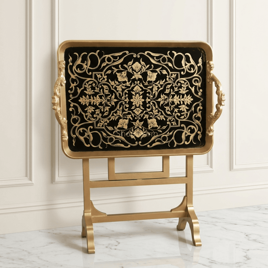 Royal Arabesque Folding Tray Table in folded position, showing side profile and gold X-base frame