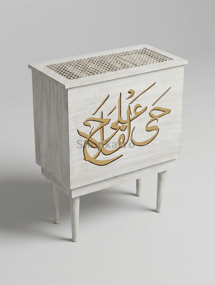 Whitewashed cane-top trunk styled with jaaye namaz in cozy home setting