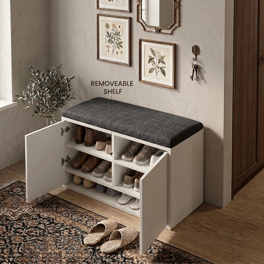 Veno Blanche Shoe Rack padded cushion seat close-up detail