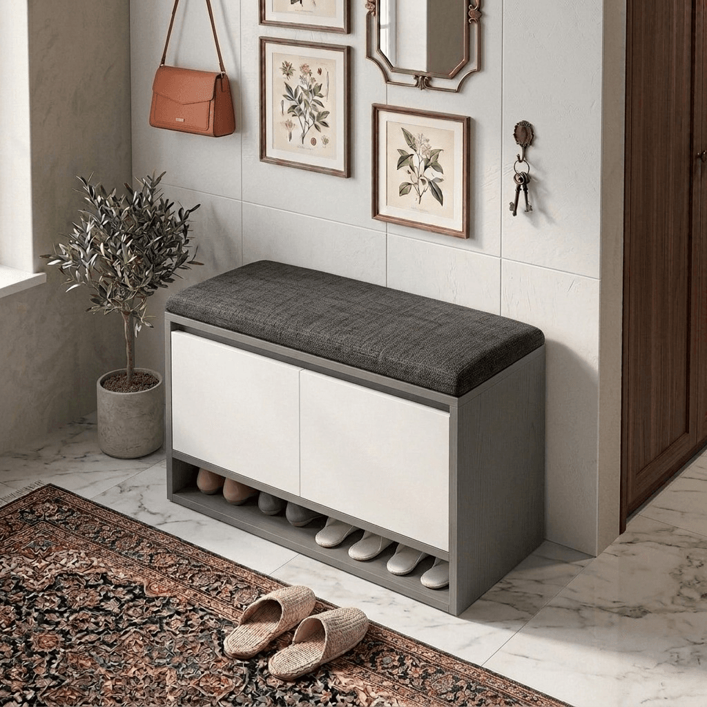 Veno Blanche Shoe Rack front view showing two-door cabinet storage
