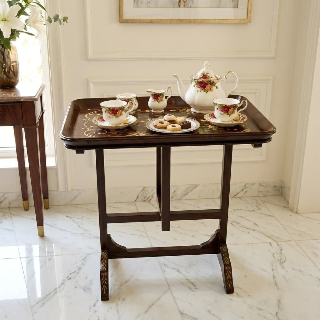 Foldable wooden tea table with rose and leaf hand-painted artwork by Shopkarro