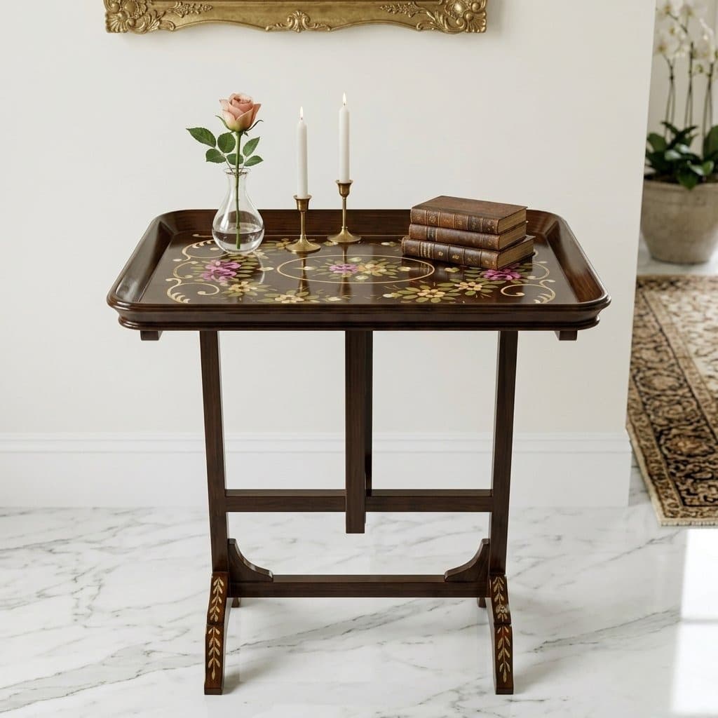 Vintage-style hand-painted folding tray table styled with tea service set
