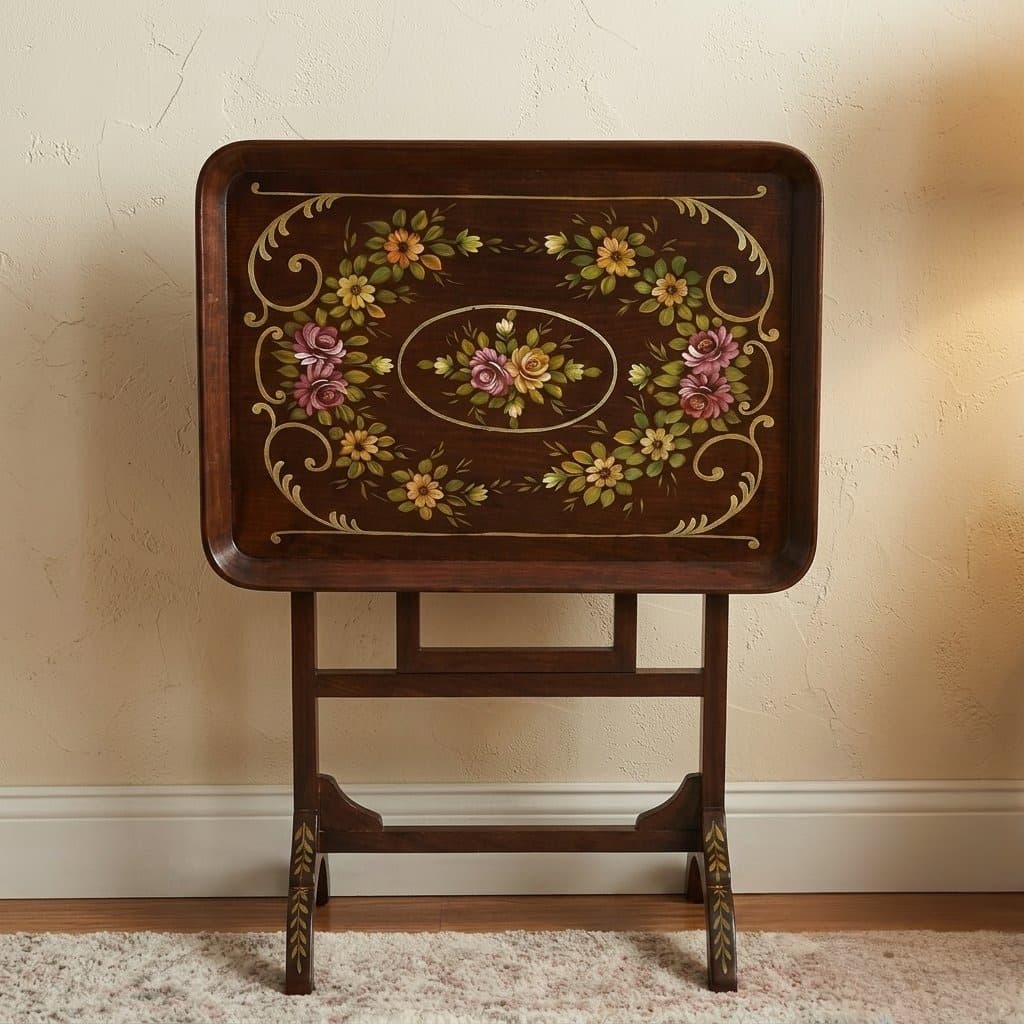Hand-painted Keekar Wood folding tray table with floral design on marble floor