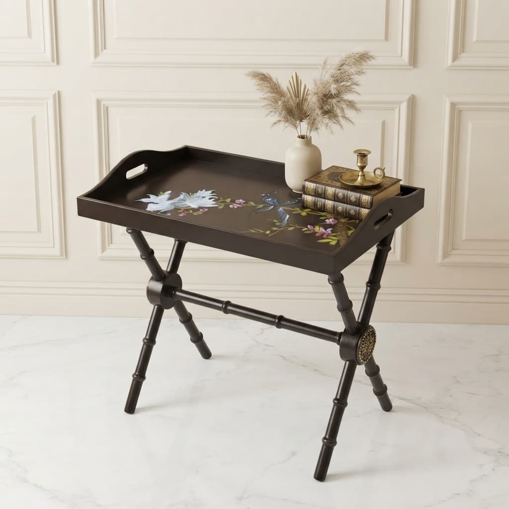 Bamboo-turned legs and brass medallion detail on Azure Songbird tray table